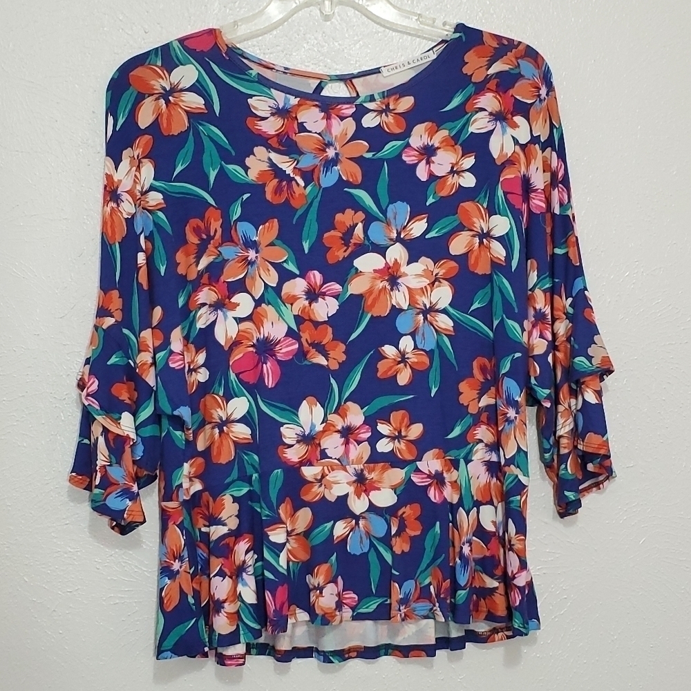 SALE 4/$30 Chris & Carol Blue Floral Peplum Blouse - Picture 2 of 8